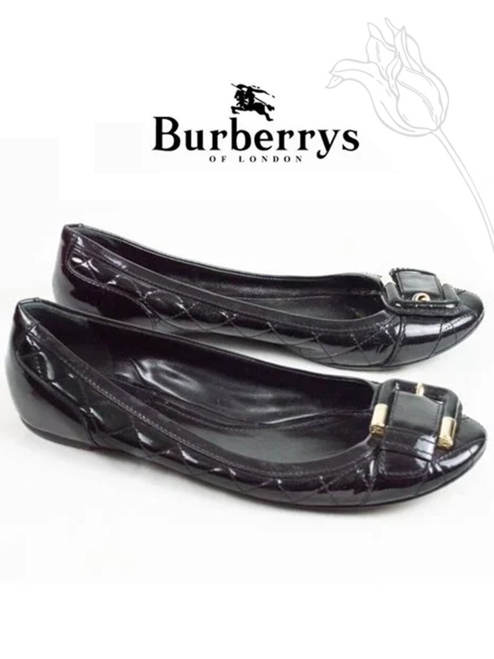 BURBERRY Vintage Black Patent Quilted Buckle Flats